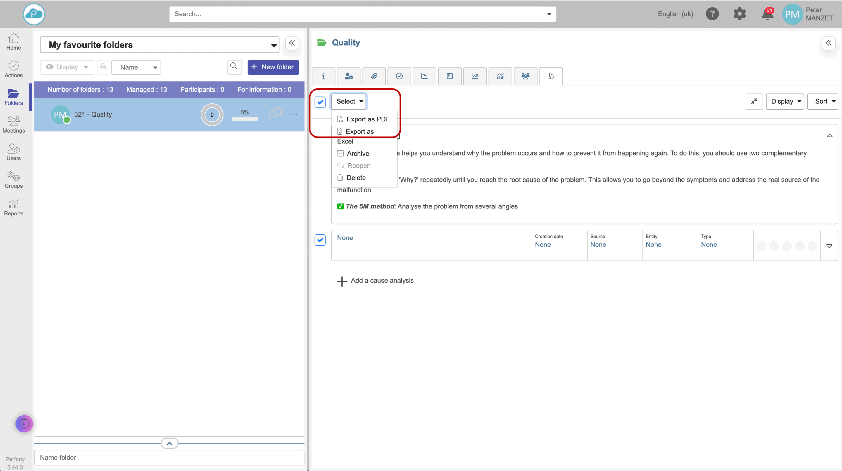 Perfony - export pdf or xls  