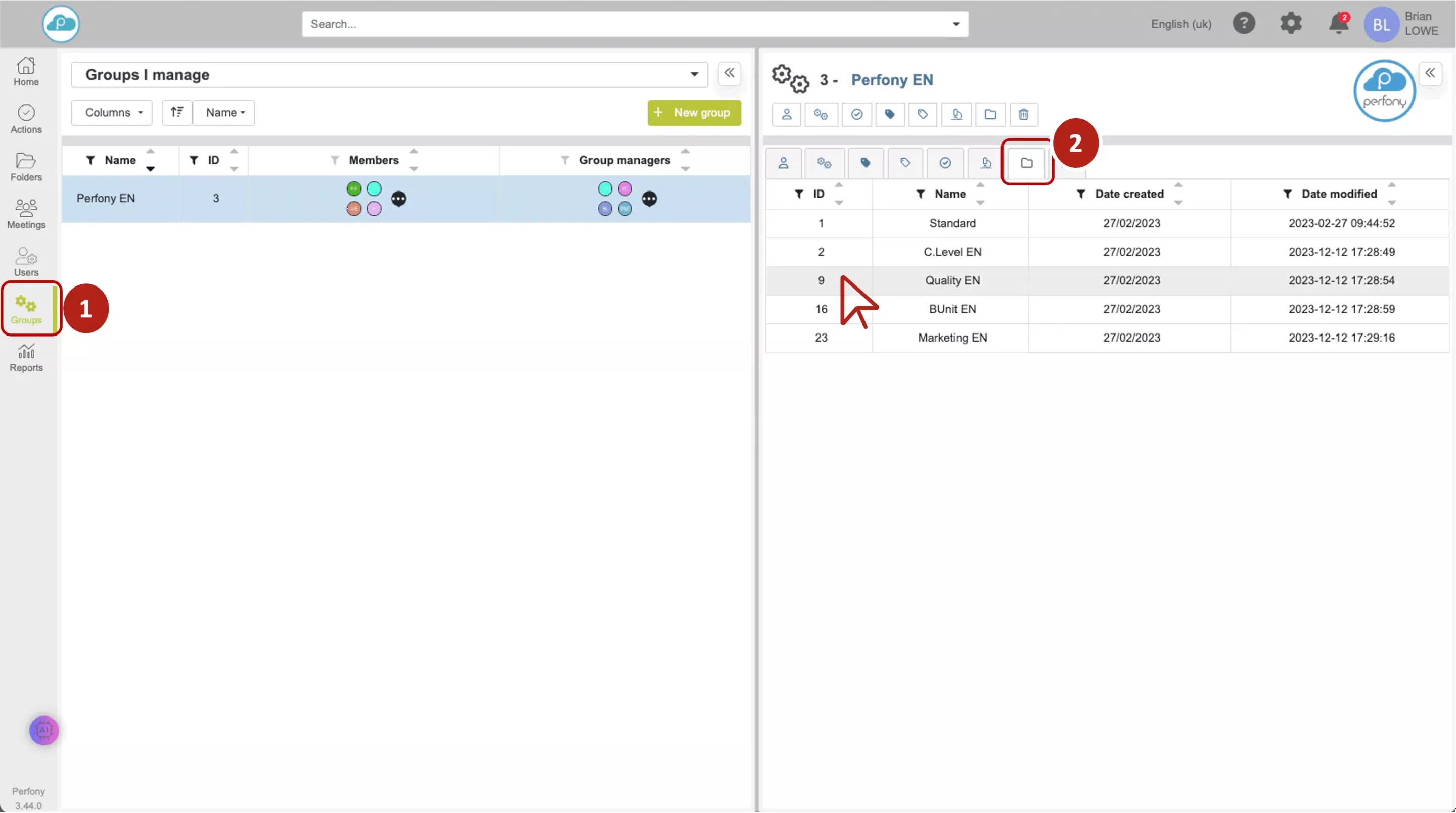 Perfony - toegangssjabloon voor map in het groepsmenu