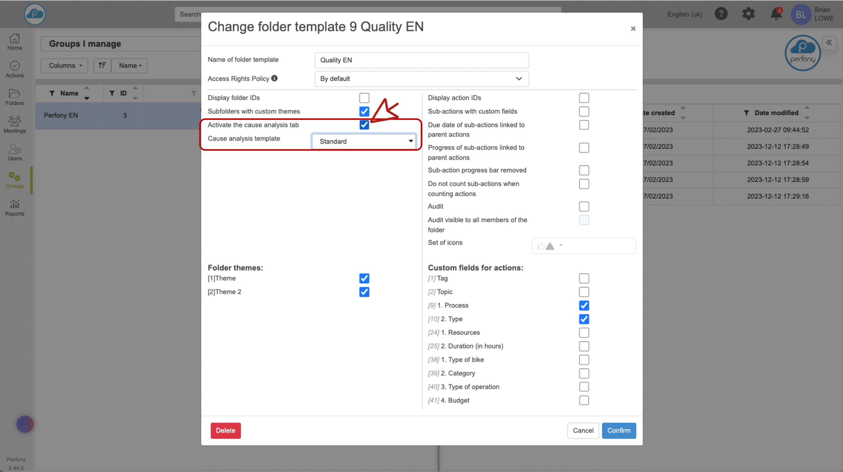 Perfony - vincular uma análise de causa raiz a um modelo de pasta